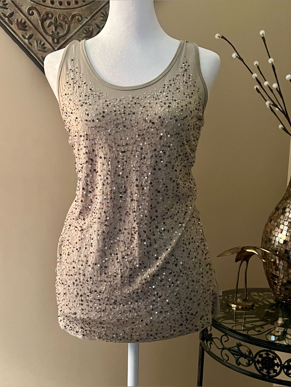 Michael Kors sequin & bead embellished taupe tank top L